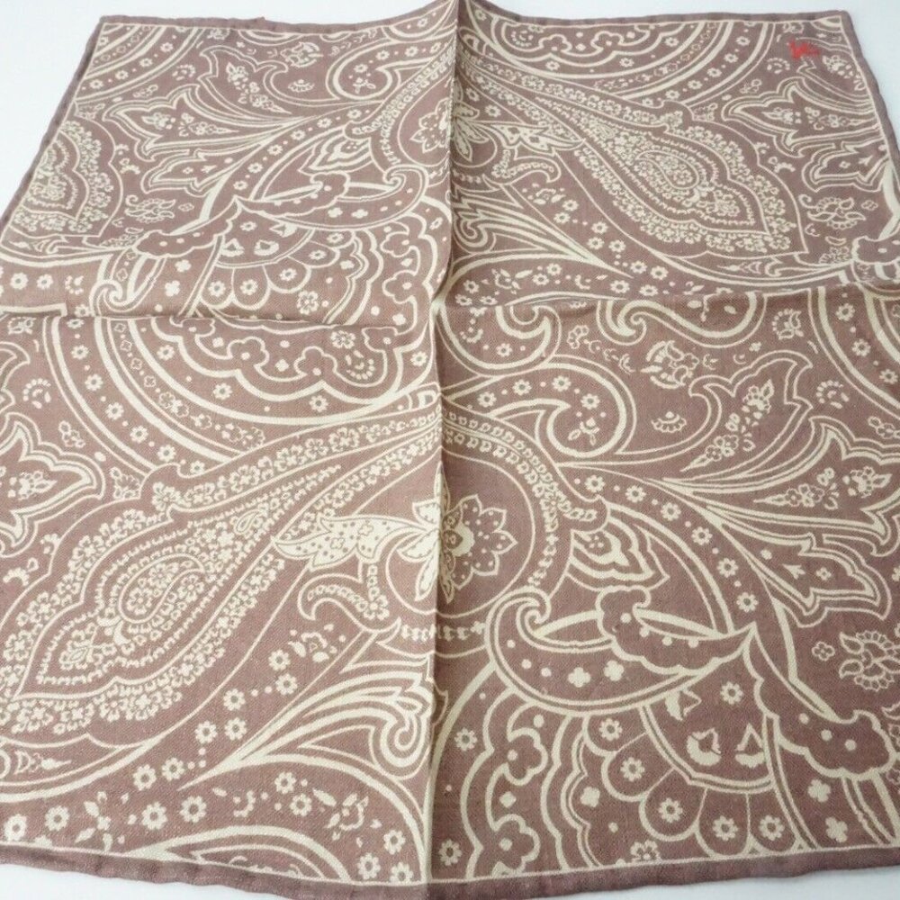 Isaia Mauve Beige Jumbo Paisley Hand Rolled Linen Pocket Square Italy New